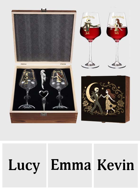 From Our First Kiss Til Our Last Breath - Personalized Nightmare Wine Glasses Set With Wooden Box