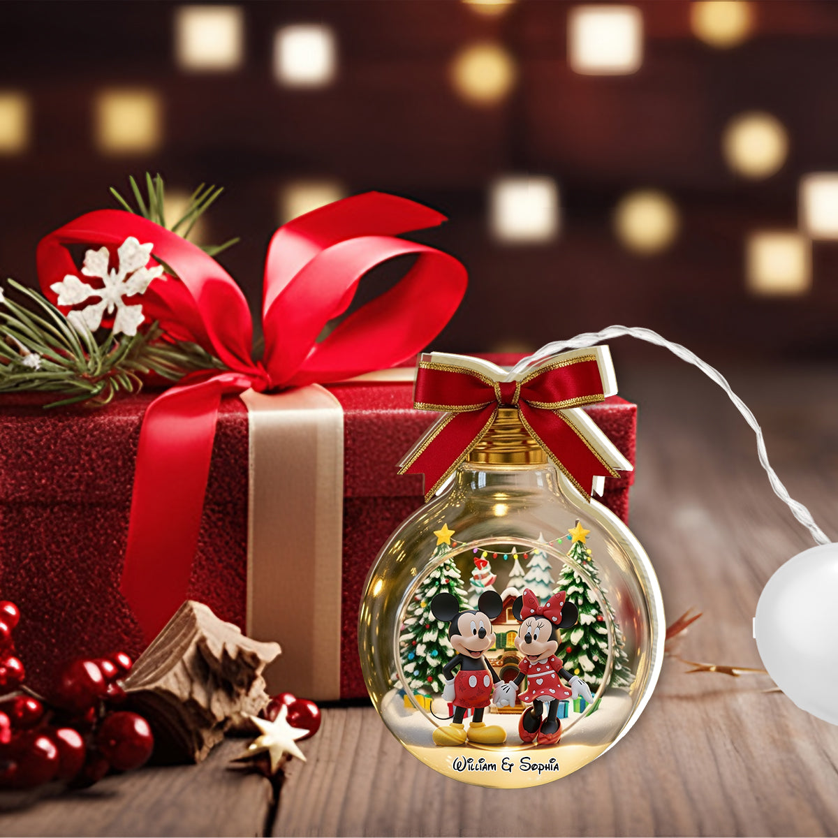 Merry Christmas Big Ears Duo - Personalized Mouse LED Light Ornament