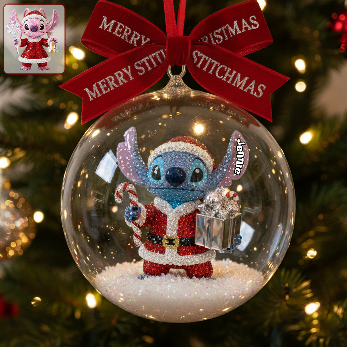 Blue Ohana - Personalized Ohana Snow Globe Ornament With Bow