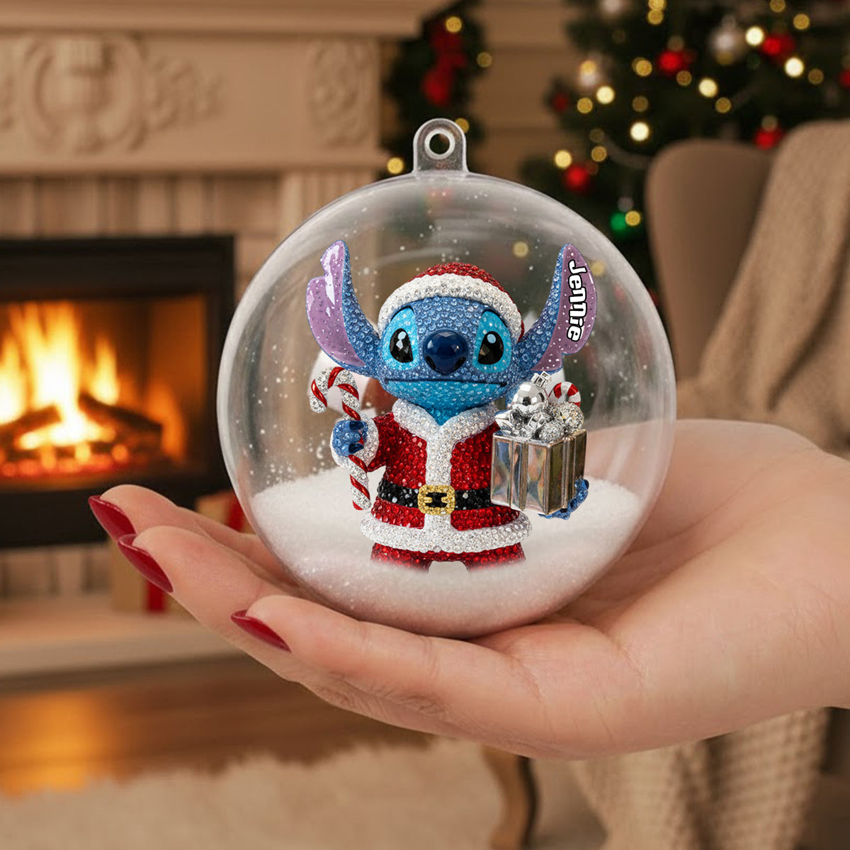 Blue Ohana - Personalized Ohana Snow Globe Ornament With Bow