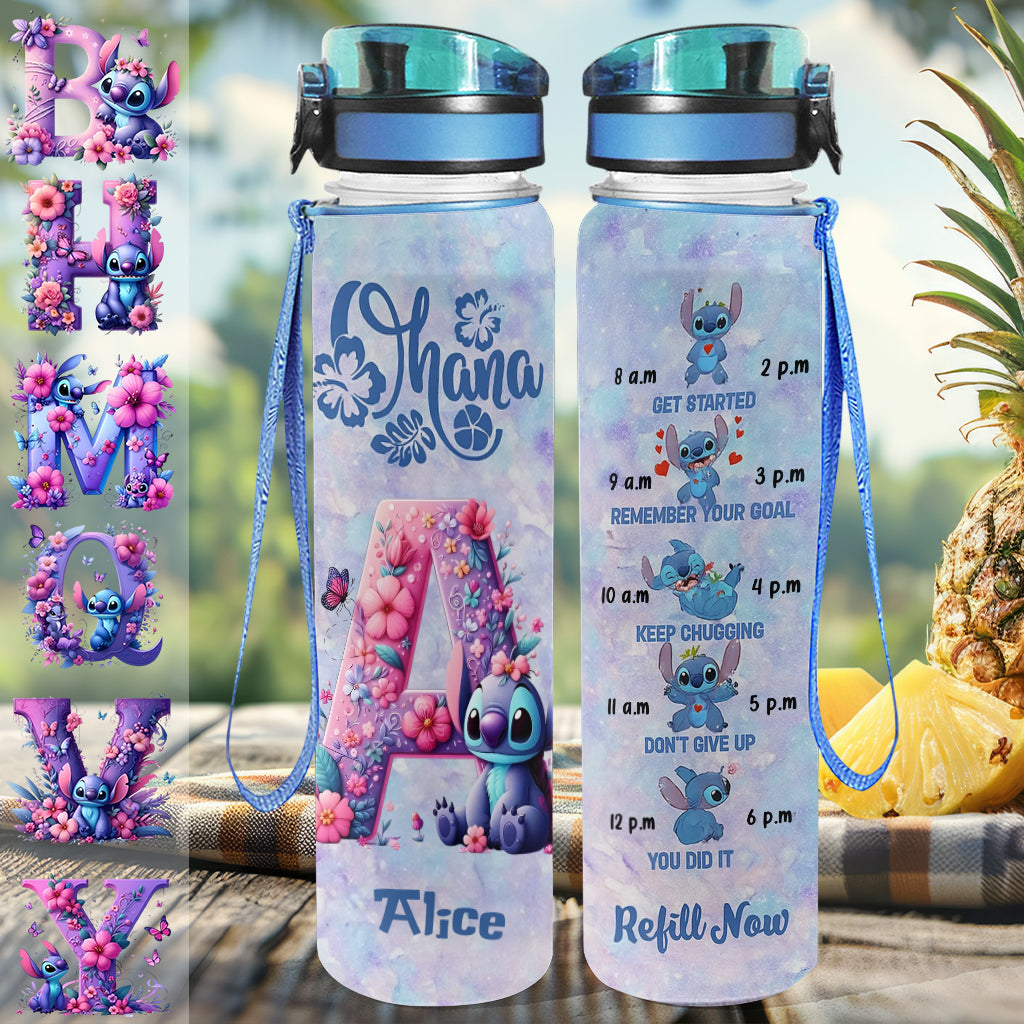 Blue Ohana Alphabet Letter Custom Name - Personalized Ohana Water Tracker Bottle