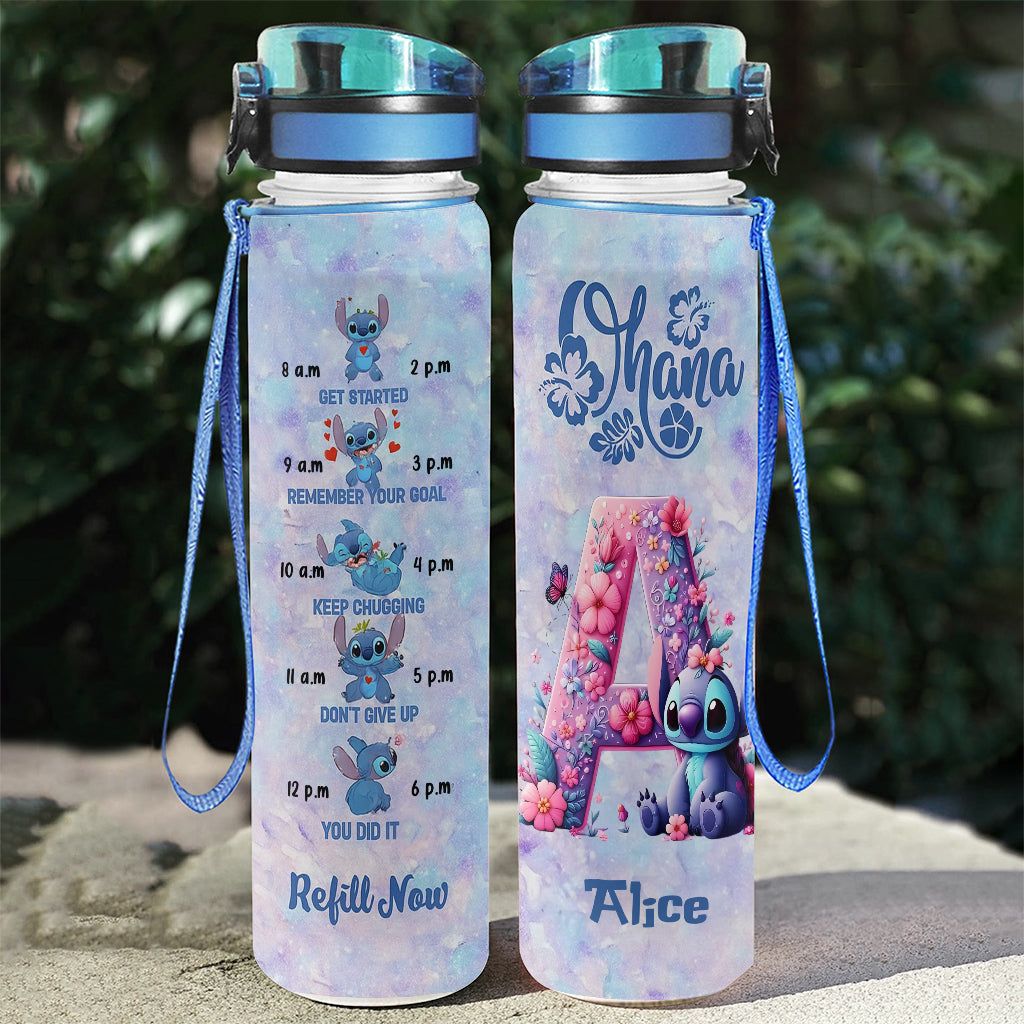 Blue Ohana Alphabet Letter Custom Name - Personalized Ohana Water Tracker Bottle