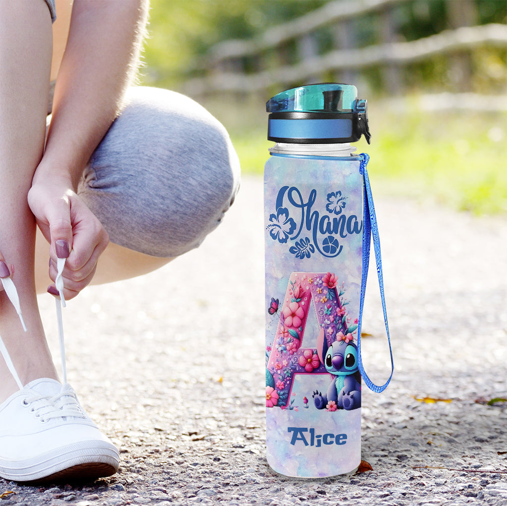 Blue Ohana Alphabet Letter Custom Name - Personalized Ohana Water Tracker Bottle