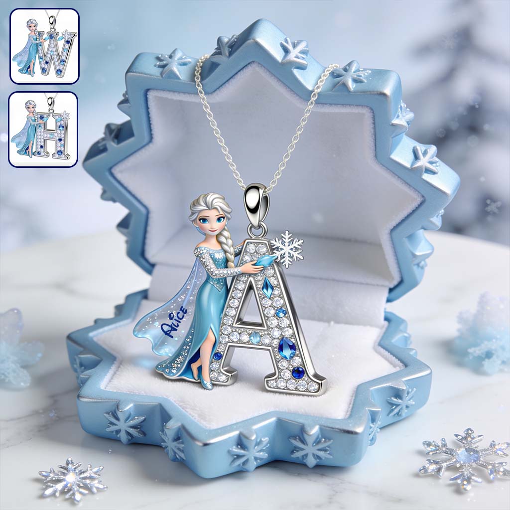 Enchanted Snow Initial - Personalized Beautiful Princess Shaped Metal Pendant Necklace