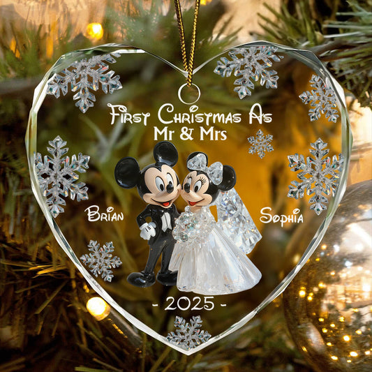 First Christmas As Mr & Mrs - Personalized Mouse Heart Shaped Glass Ornament