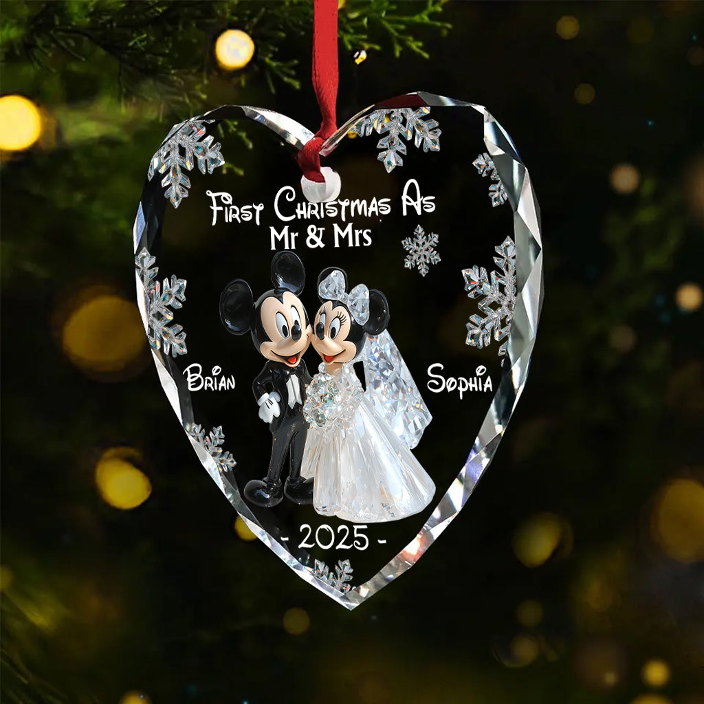 First Christmas As Mr & Mrs - Personalized Mouse Heart Shaped Glass Ornament