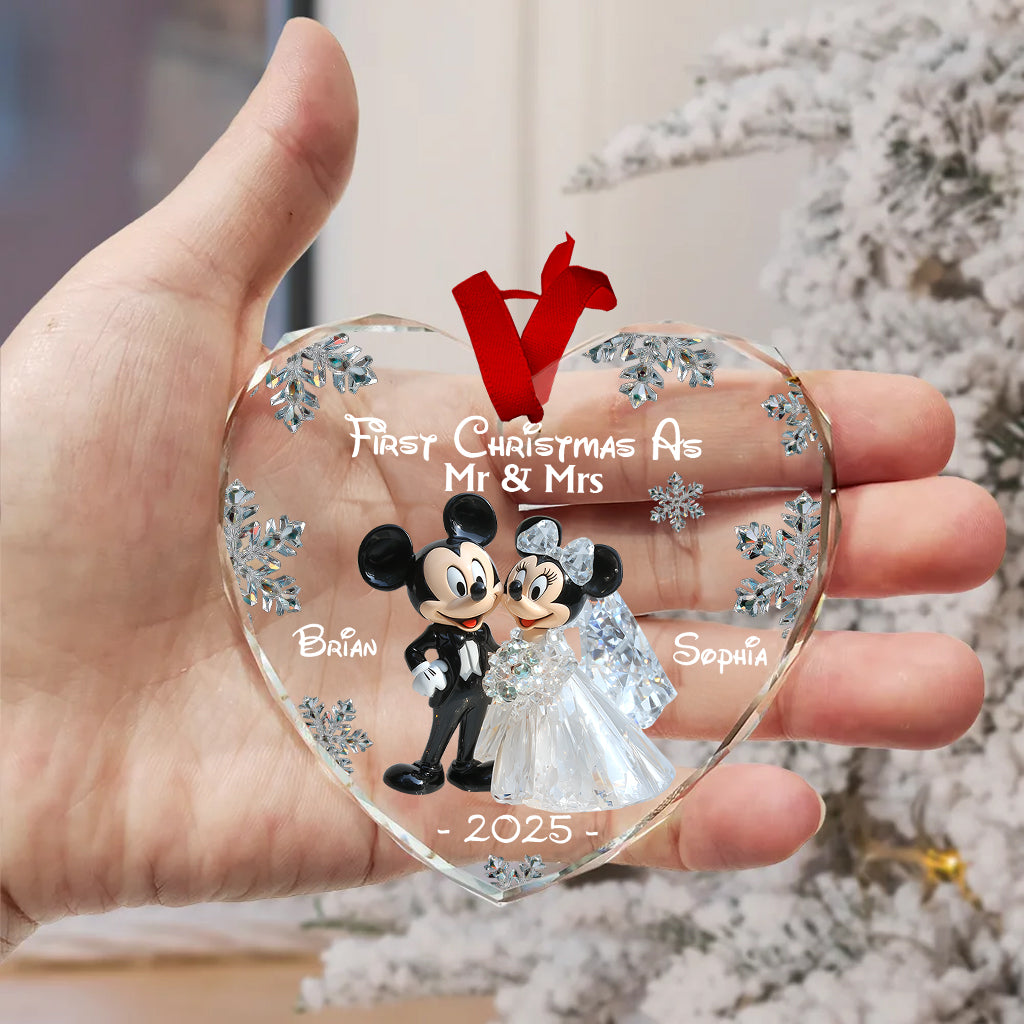 First Christmas As Mr & Mrs - Personalized Mouse Heart Shaped Glass Ornament