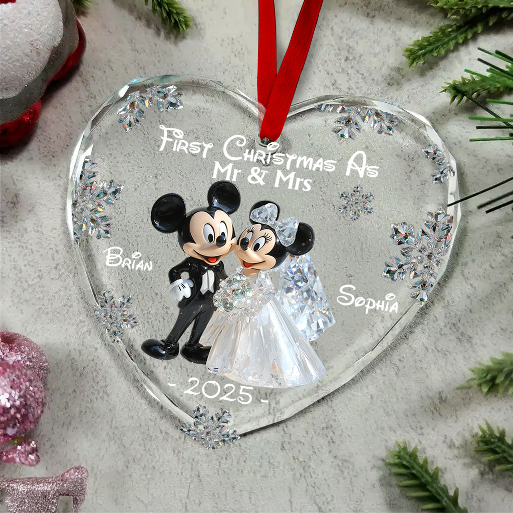 First Christmas As Mr & Mrs - Personalized Mouse Heart Shaped Glass Ornament