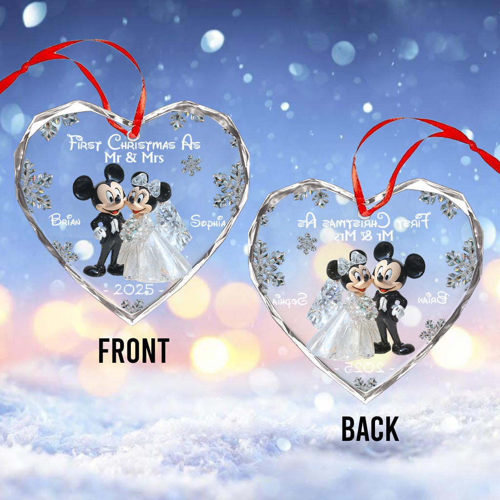 First Christmas As Mr & Mrs - Personalized Mouse Heart Shaped Glass Ornament