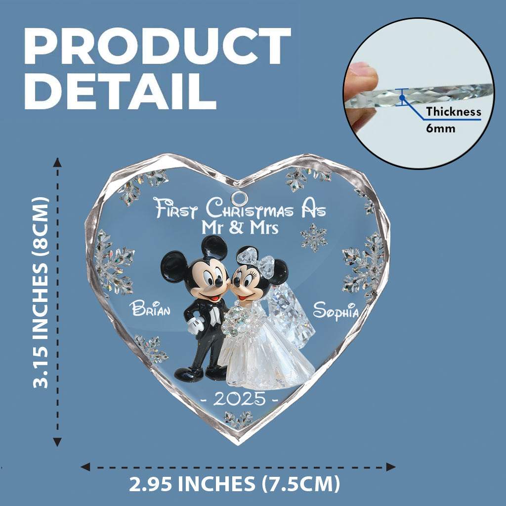 First Christmas As Mr & Mrs - Personalized Mouse Heart Shaped Glass Ornament