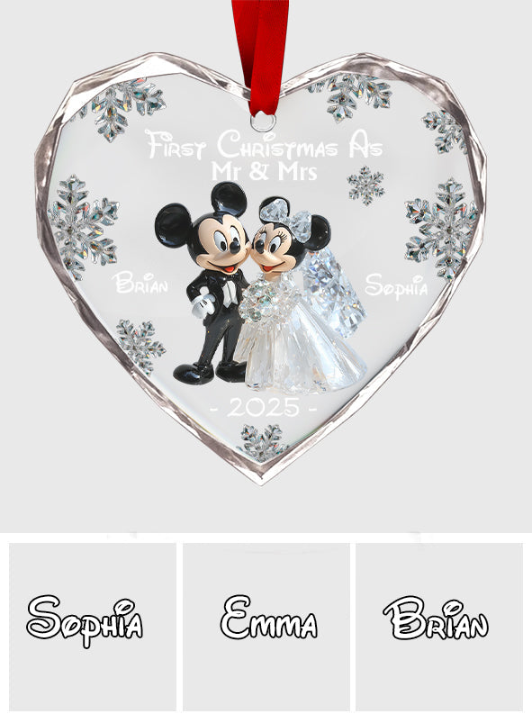 First Christmas As Mr & Mrs - Personalized Mouse Heart Shaped Glass Ornament