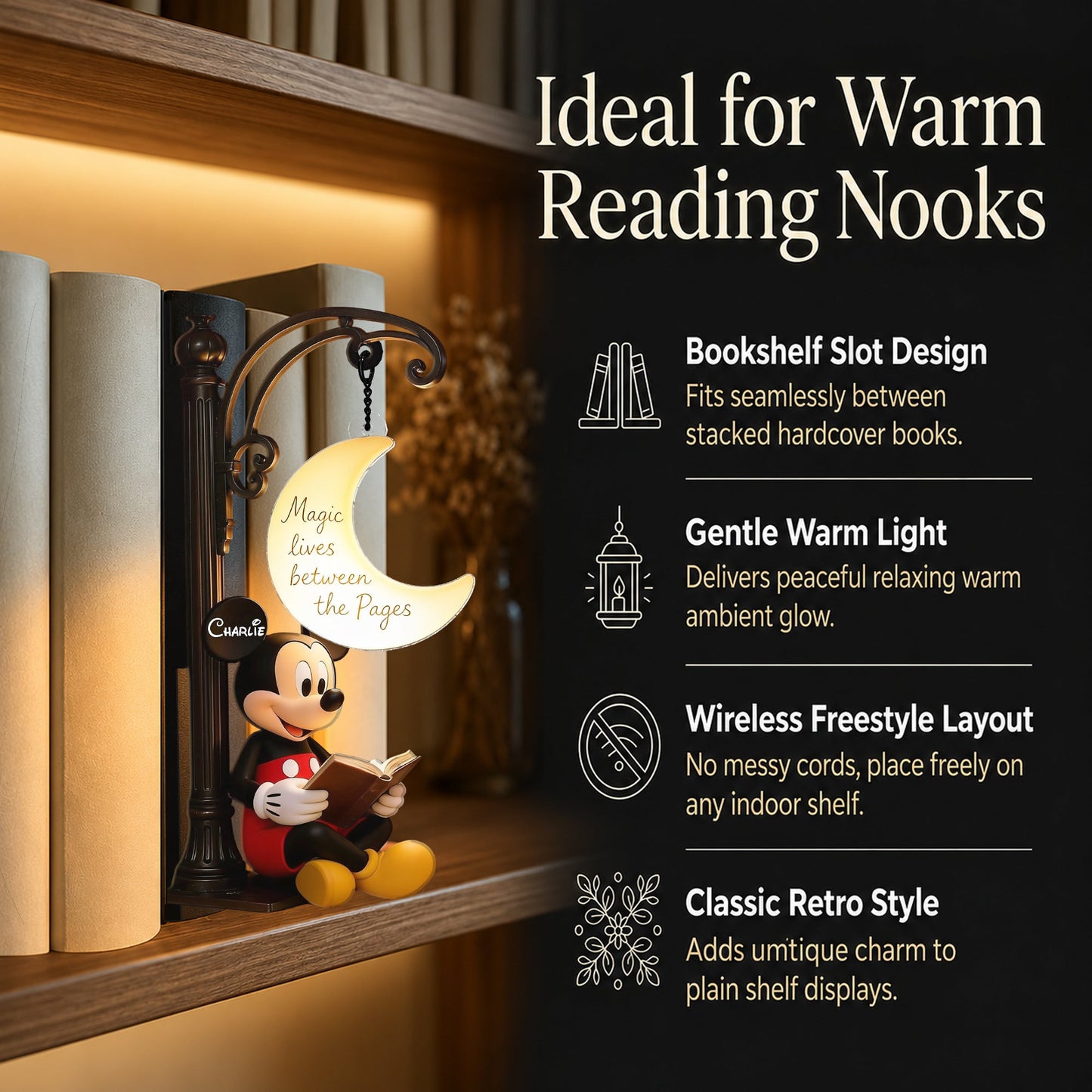 Magic Lives Between The Pages - Personalized Mouse Bookshelf Lamp