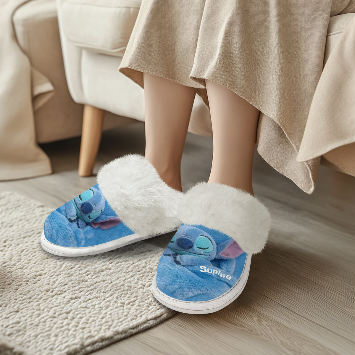 Sleeping Blue Ohana - Personalized Ohana Slippers With Fur Lining