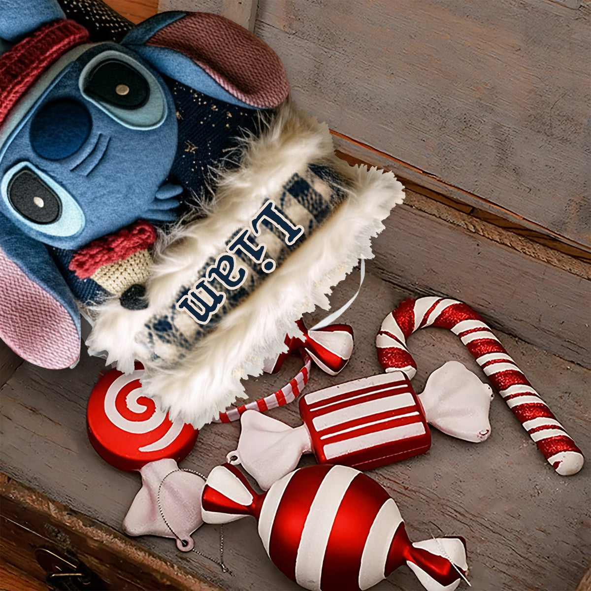 A Little Blue Alien Chaos - Personalized Ohana Shaped Christmas Stocking