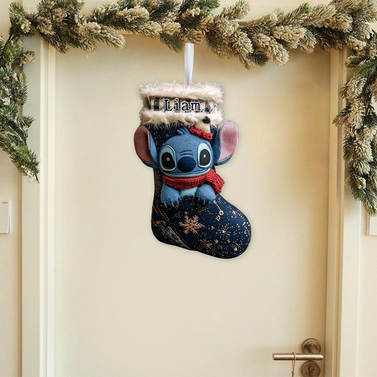 A Little Blue Alien Chaos - Personalized Ohana Shaped Christmas Stocking