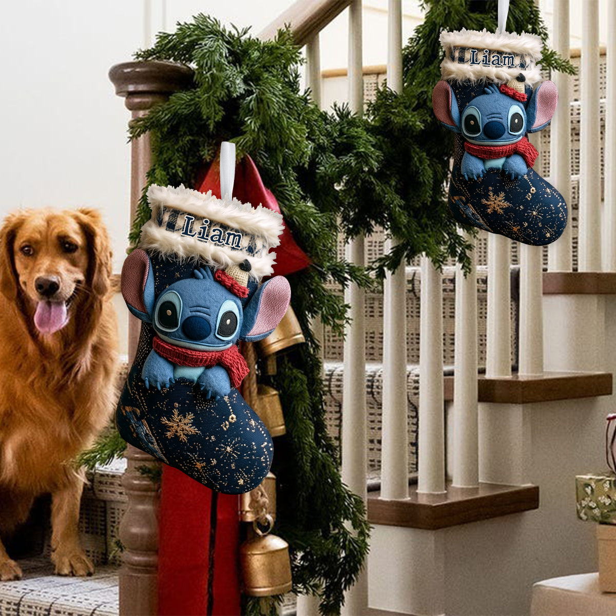 A Little Blue Alien Chaos - Personalized Ohana Shaped Christmas Stocking