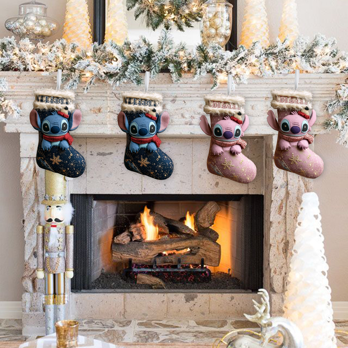 A Little Blue Alien Chaos - Personalized Ohana Shaped Christmas Stocking