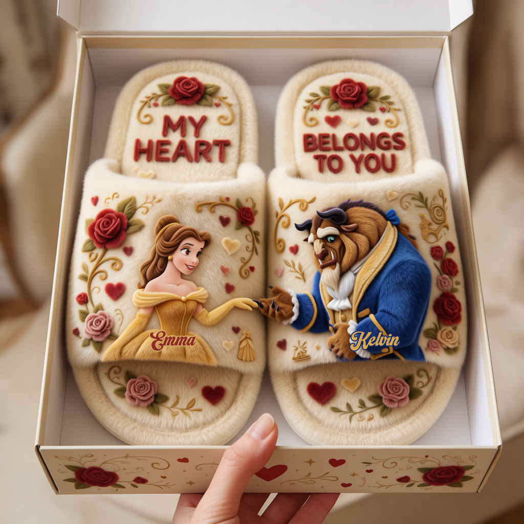 My Heart Belongs To You - Personalized Beauty And The Beast Open-Toe Slippers