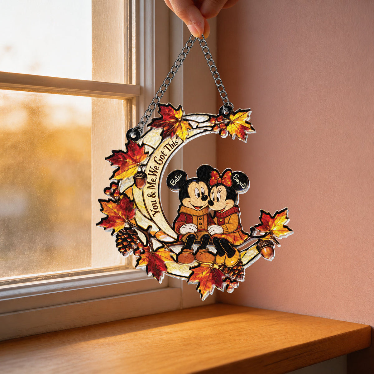 Autumn Cartoon Mouse Couple - Personalized Mouse 3D Printed Glass Suncatcher
