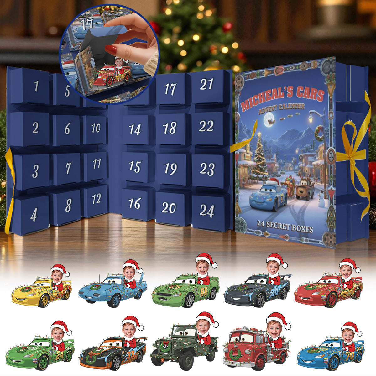 Christmas Cars Advent Calender - Personalized Folded Advent Calendar With Ornaments