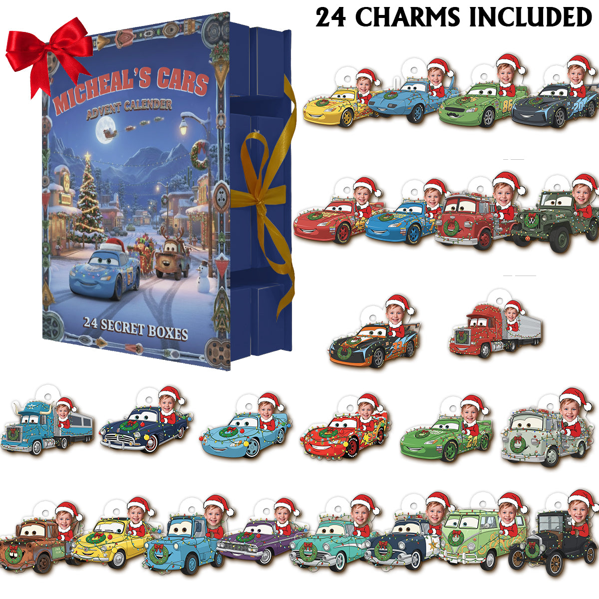 Christmas Cars Advent Calender - Personalized Folded Advent Calendar With Ornaments