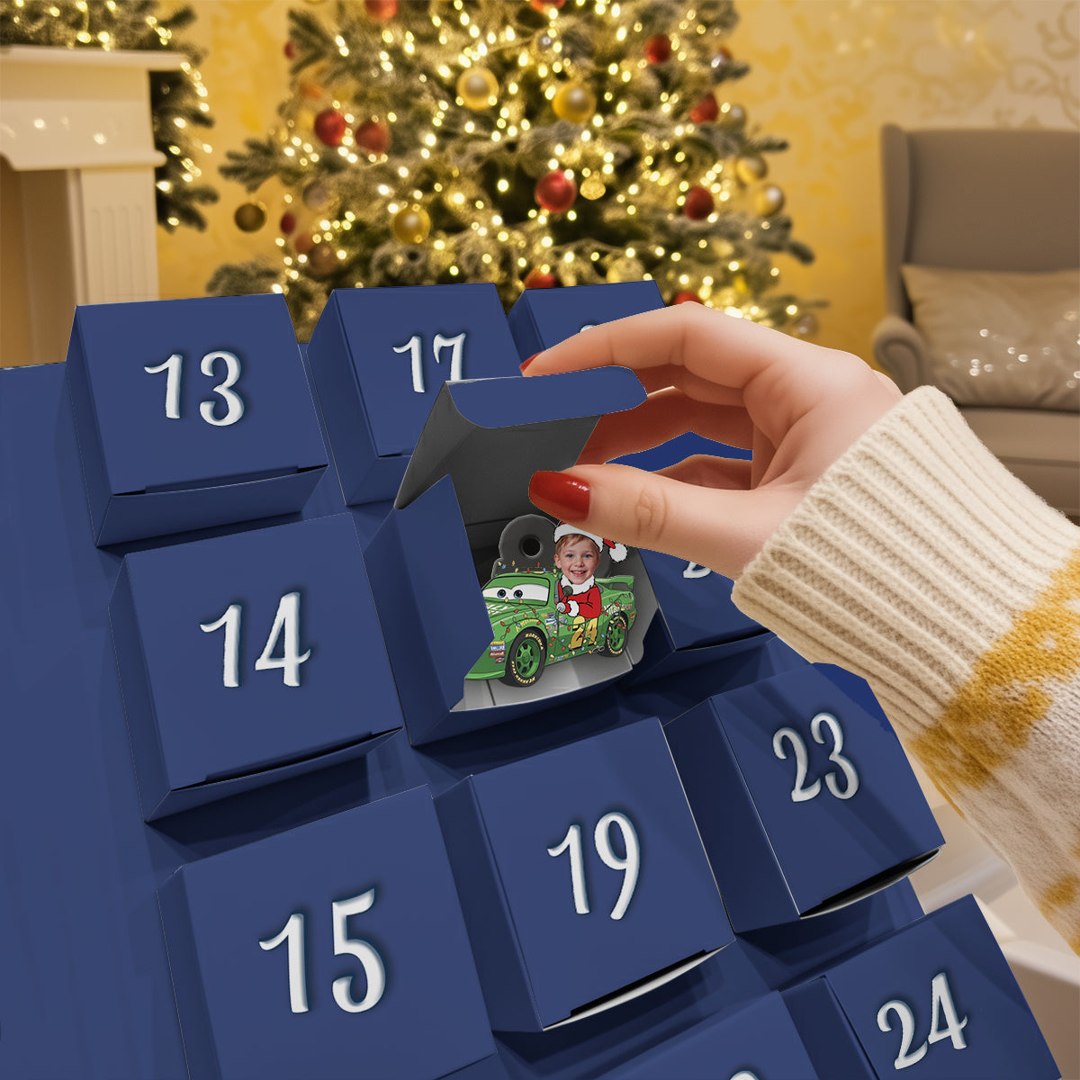 Christmas Cars Advent Calender - Personalized Folded Advent Calendar With Ornaments