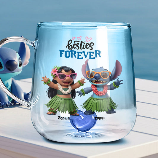 Girl And Blue Monster Besties Forever - Personalized Ohana Gradient Glass Mug