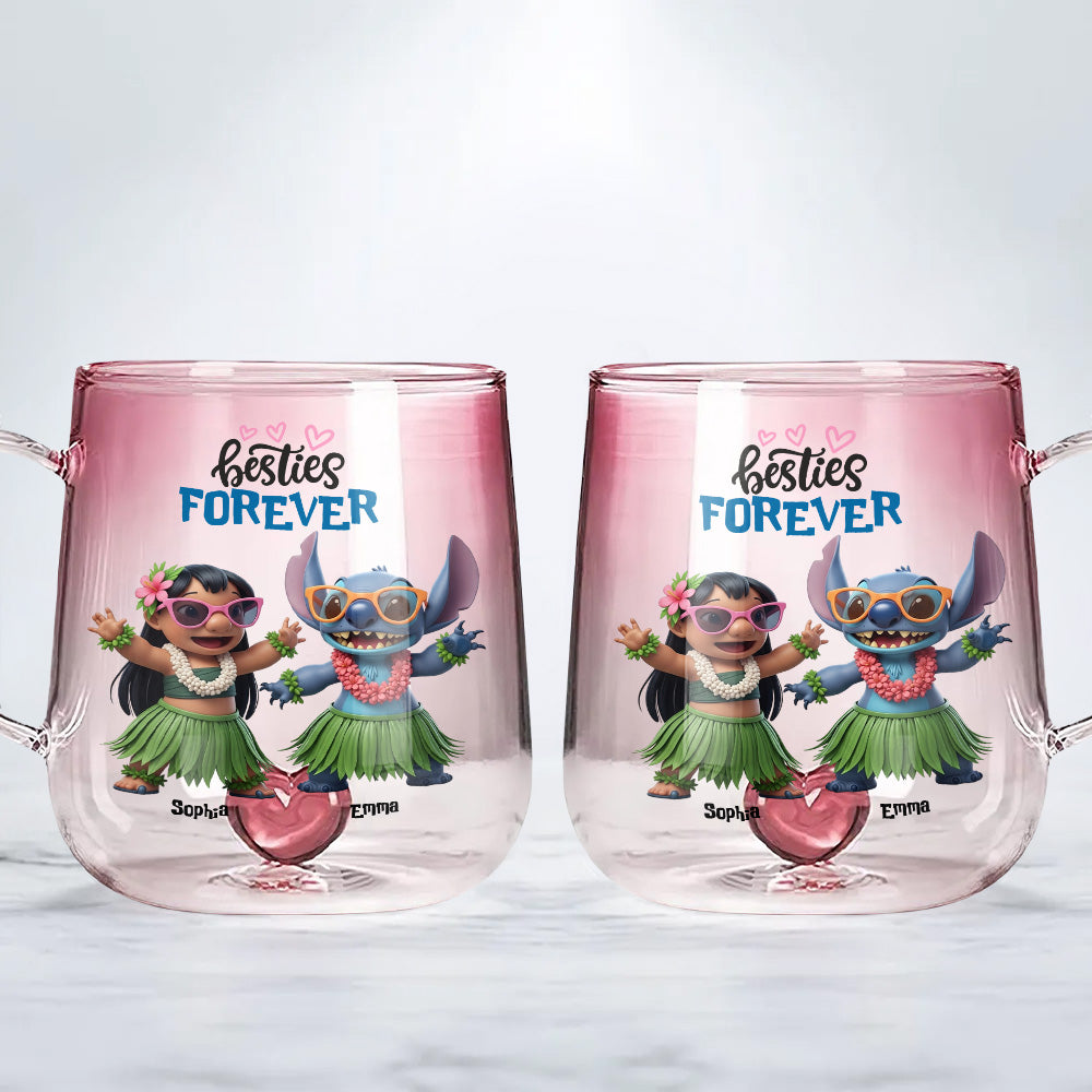 Girl And Blue Monster Besties Forever - Personalized Ohana Gradient Glass Mug