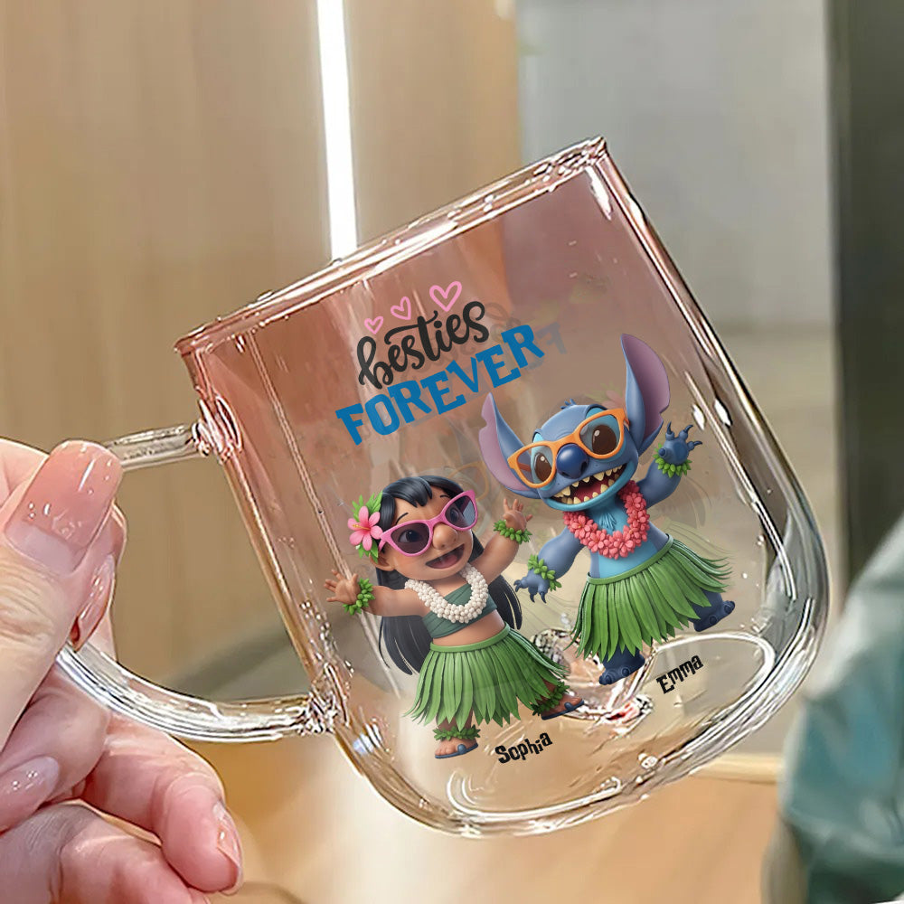 Girl And Blue Monster Besties Forever - Personalized Ohana Gradient Glass Mug