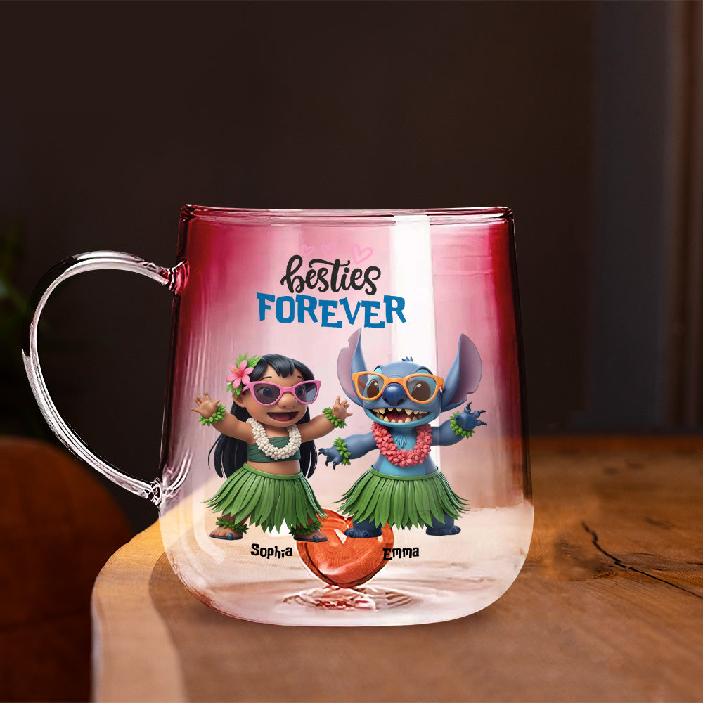 Girl And Blue Monster Besties Forever - Personalized Ohana Gradient Glass Mug