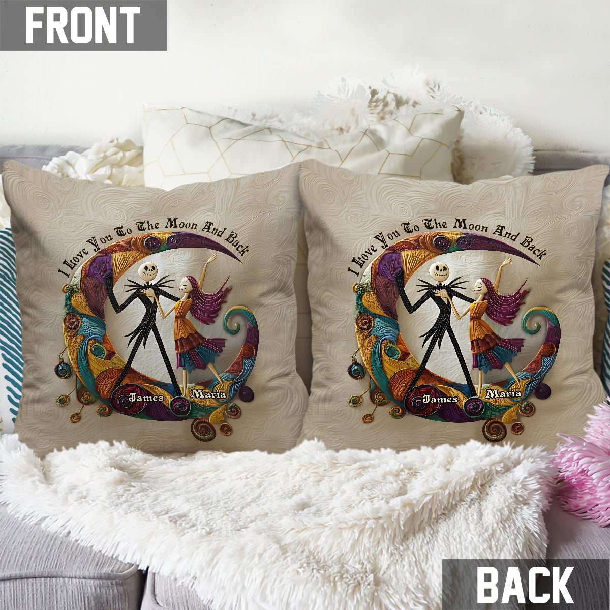 Couple Nightmare I Love You To The Moon And Back - Personalized Nightmare Throw Pillow