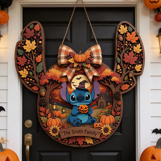 Blue Ohana & Spooky Season - Personalized Ohana Custom Shaped Wood Sign