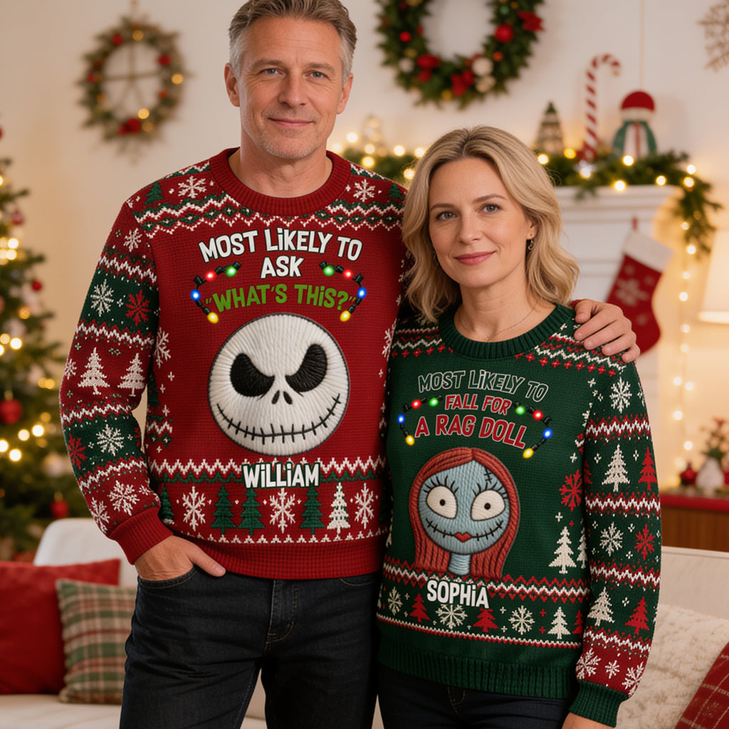 Most Likely To Nightmare Pumpkin King Matching Family Ugly Sweaters - Personalized Nightmare Light Up Sweater