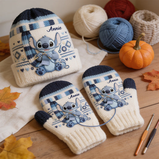 SHH I'm Crocheting - Personalized Ohana Beanie Hat & Knitted Mittens