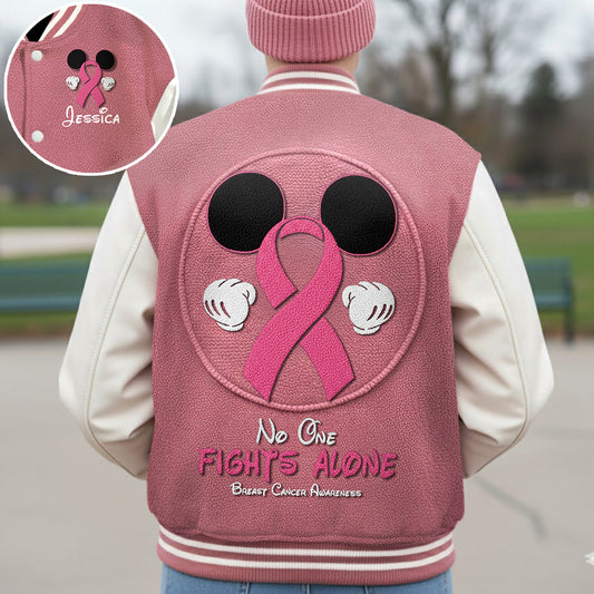 No One Fights Alone Mouse Ears Pink Ribbon - Personalized Breast Cancer Awareness Varsity Jacket