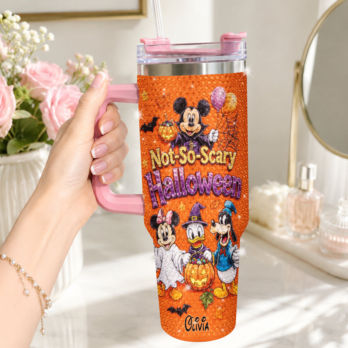 Halloween Not-So-Scary Party - Personalized Mouse Rhinestone Tumbler With Handle
