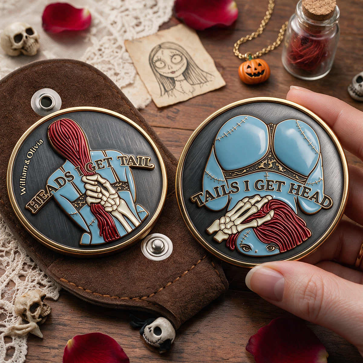 Naughty Gothic Romance Couple - Personalized Nightmare Pocket Coin Keychain