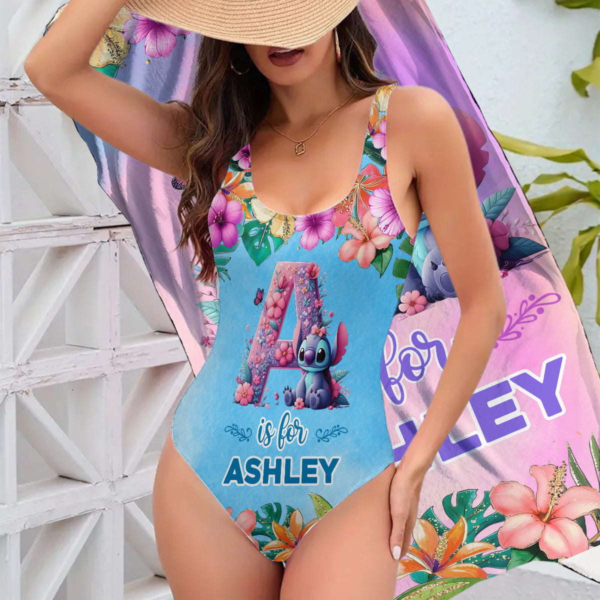 Blue Ohana Alphabet Letter Custom Name - Personalized Ohana Women Swimming Bodysuit & Beach Towel