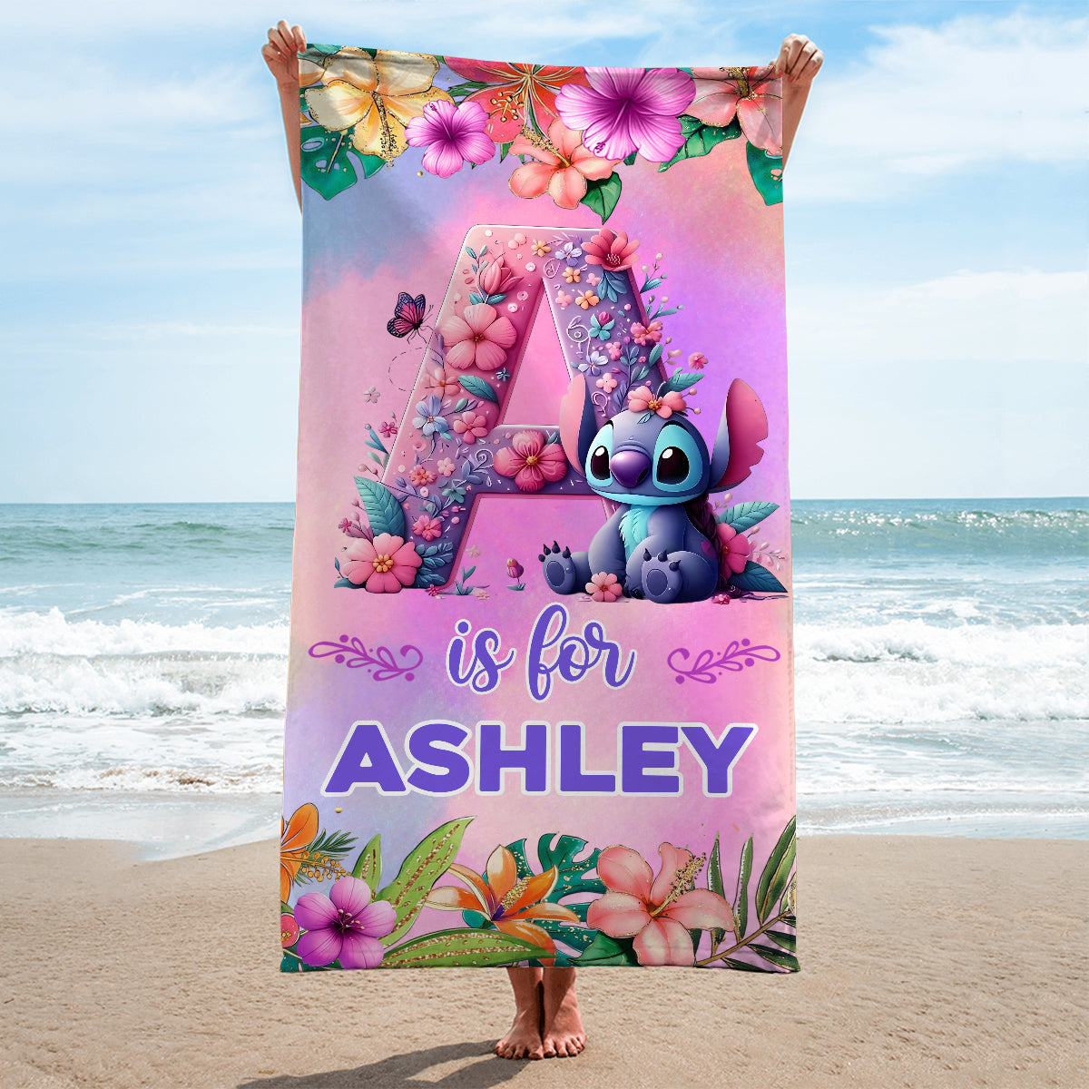 Blue Ohana Alphabet Letter Custom Name - Personalized Ohana Women Swimming Bodysuit & Beach Towel