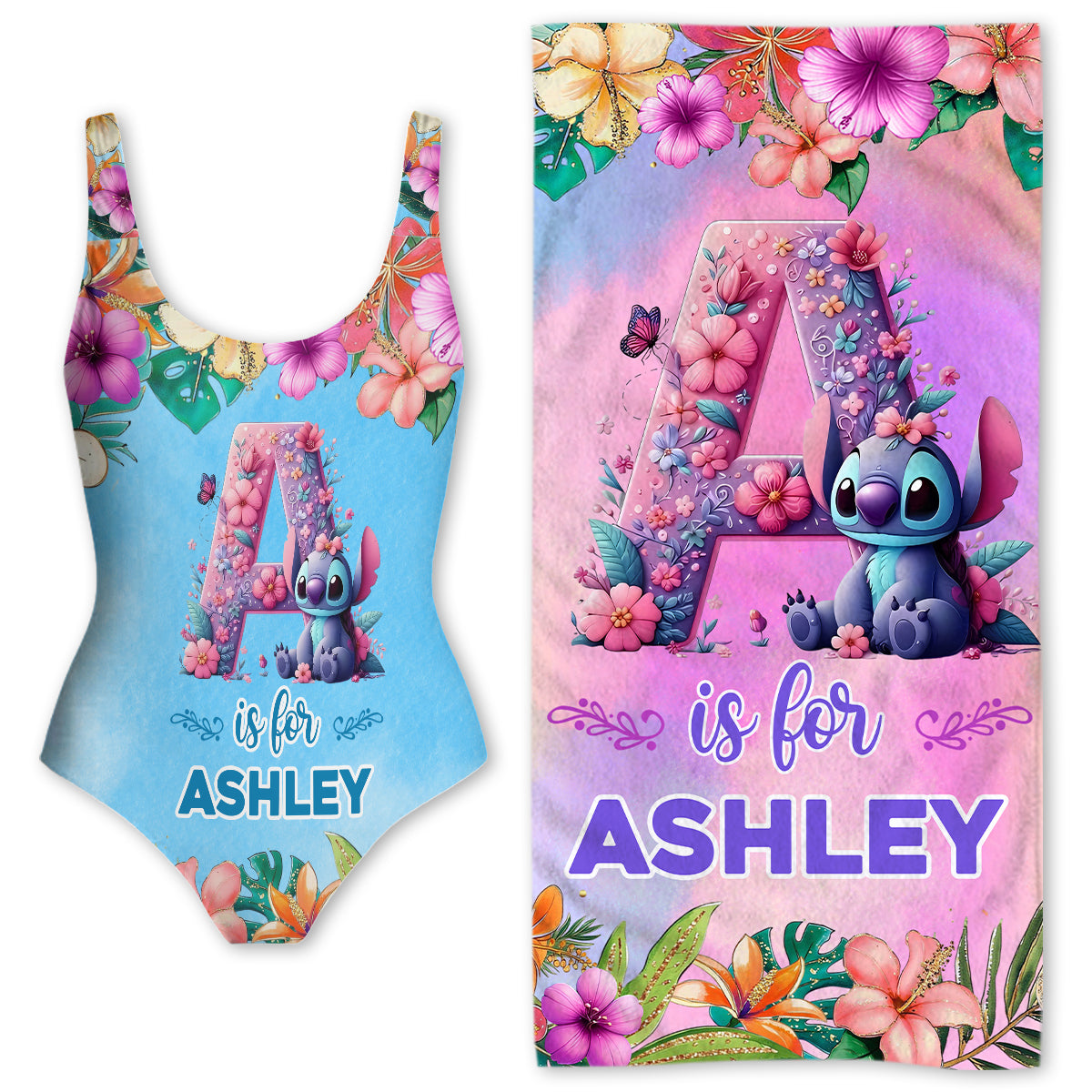 Blue Ohana Alphabet Letter Custom Name - Personalized Ohana Women Swimming Bodysuit & Beach Towel