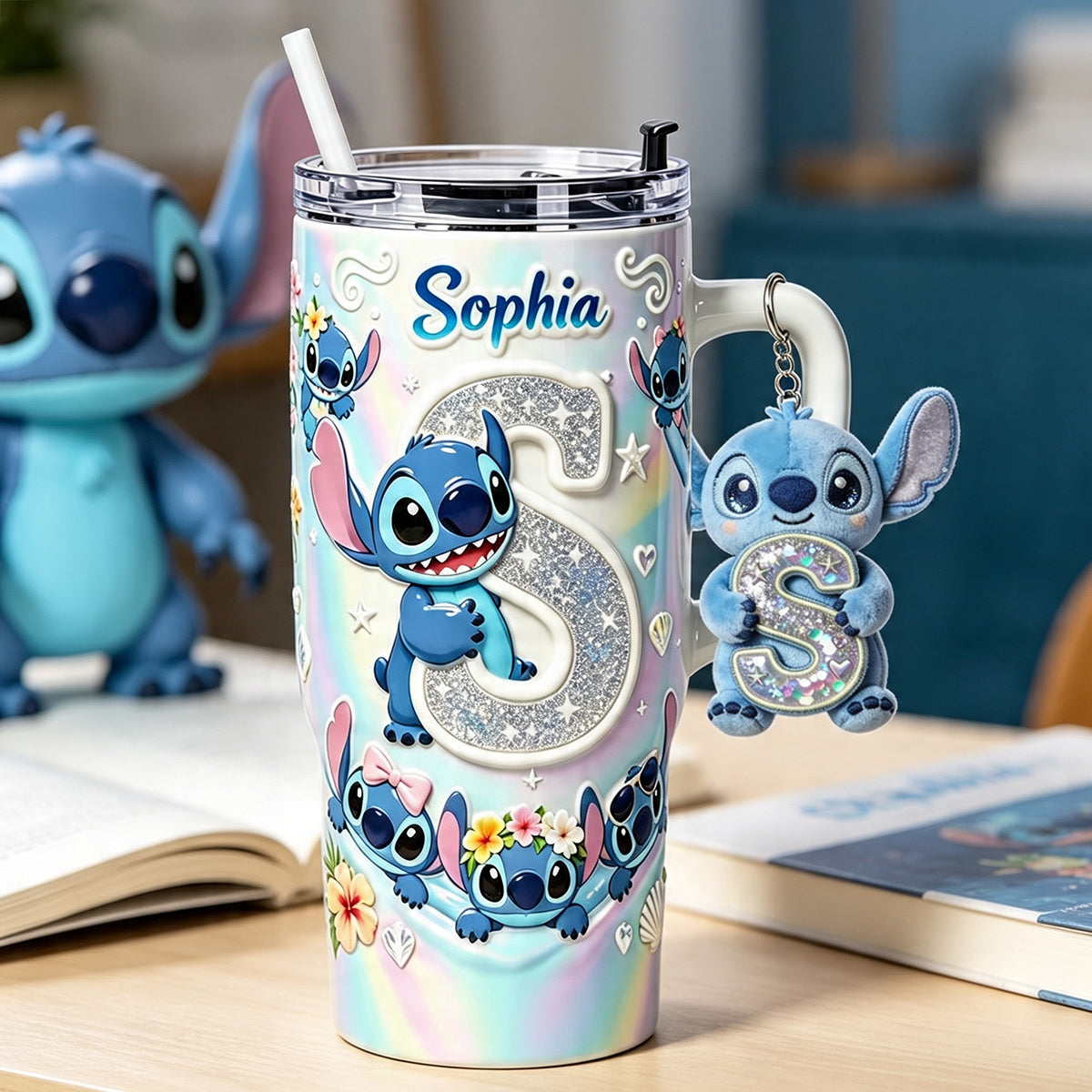 Cute Blue Alien With Letter - Personalized Ohana Tumbler With Plush Charm