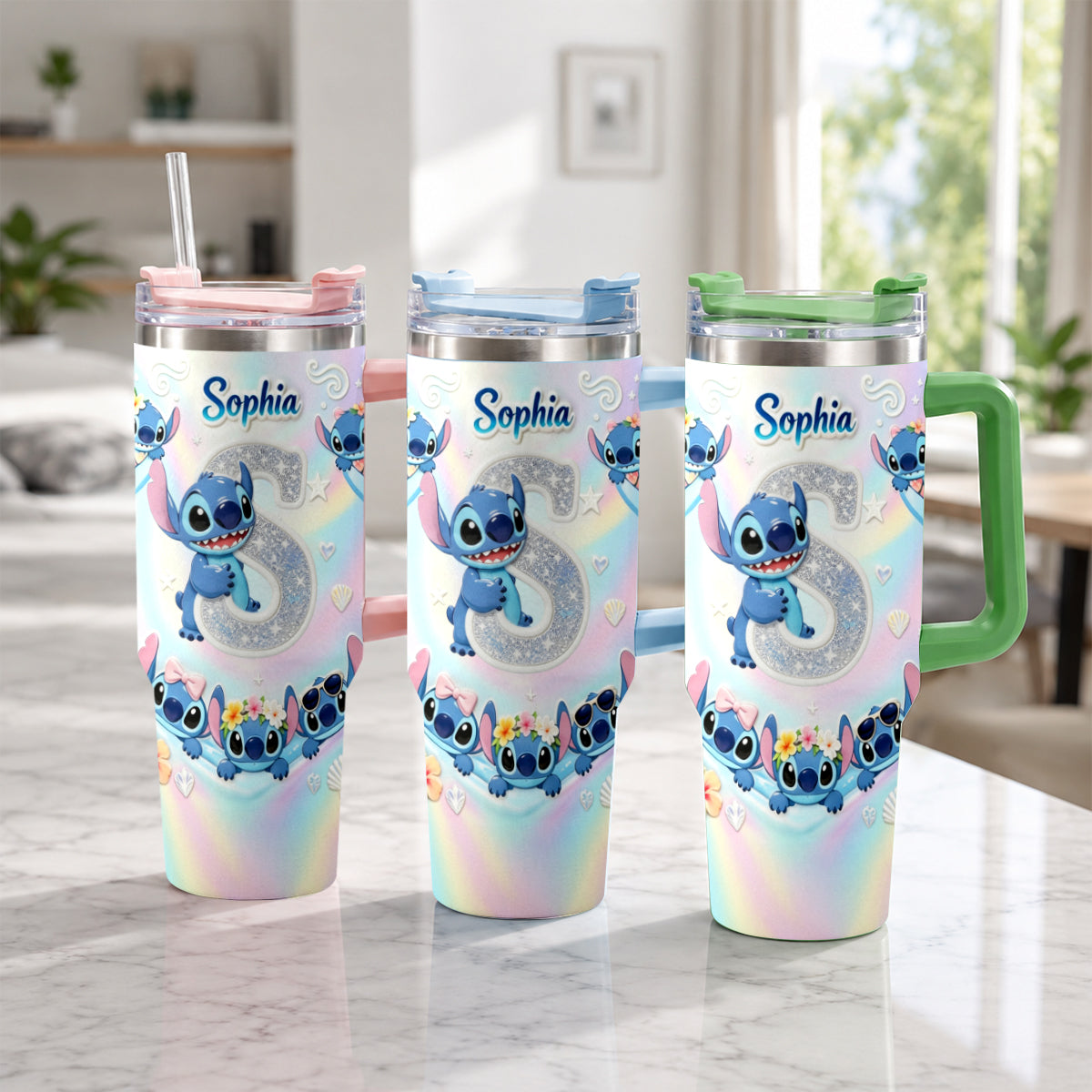 Cute Blue Alien With Letter - Personalized Ohana Tumbler With Plush Charm