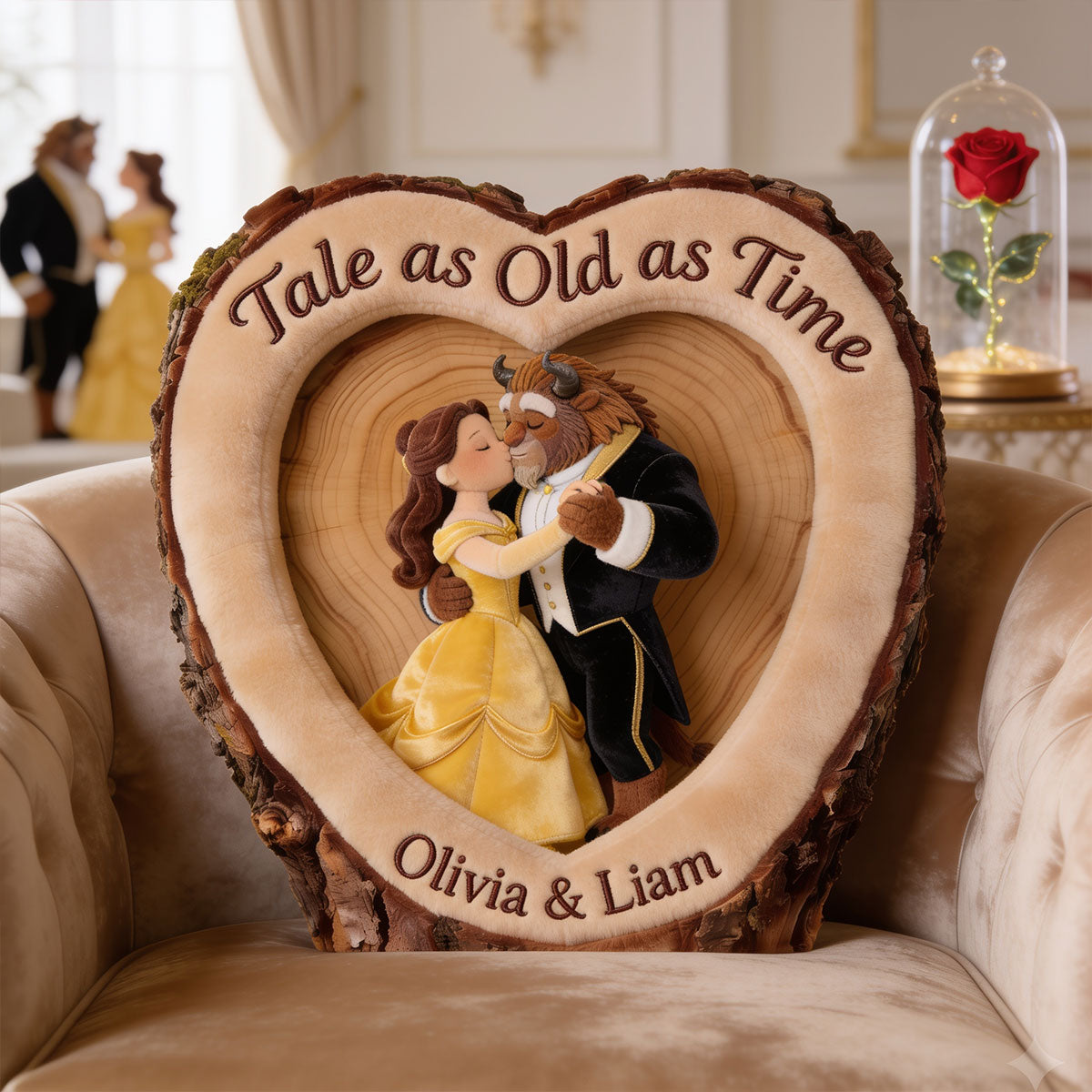 Romantic Fairytale Couple - Personalized Beauty And The Beast Premium Faux Fur Pillow