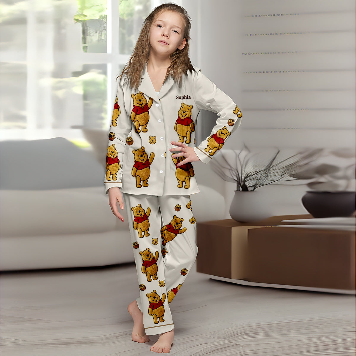 Cute Bear - Personalized Yellow Bear Button Down Pajamas