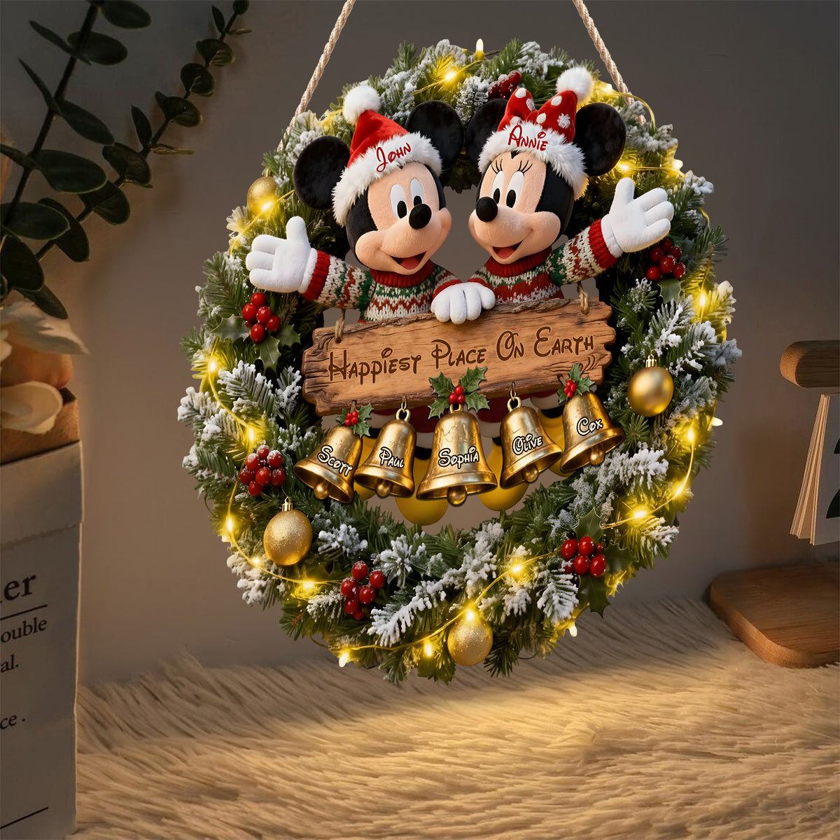 Christmas Bells Wreath With Led Light - Personalized Mouse LED Light Acrylic Sign