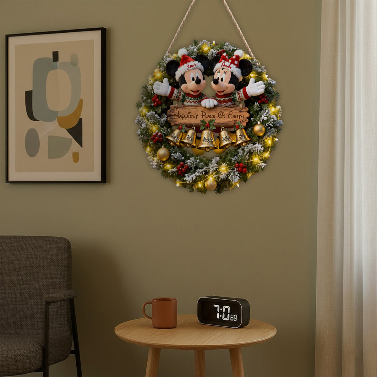 Christmas Bells Wreath With Led Light - Personalized Mouse LED Light Acrylic Sign