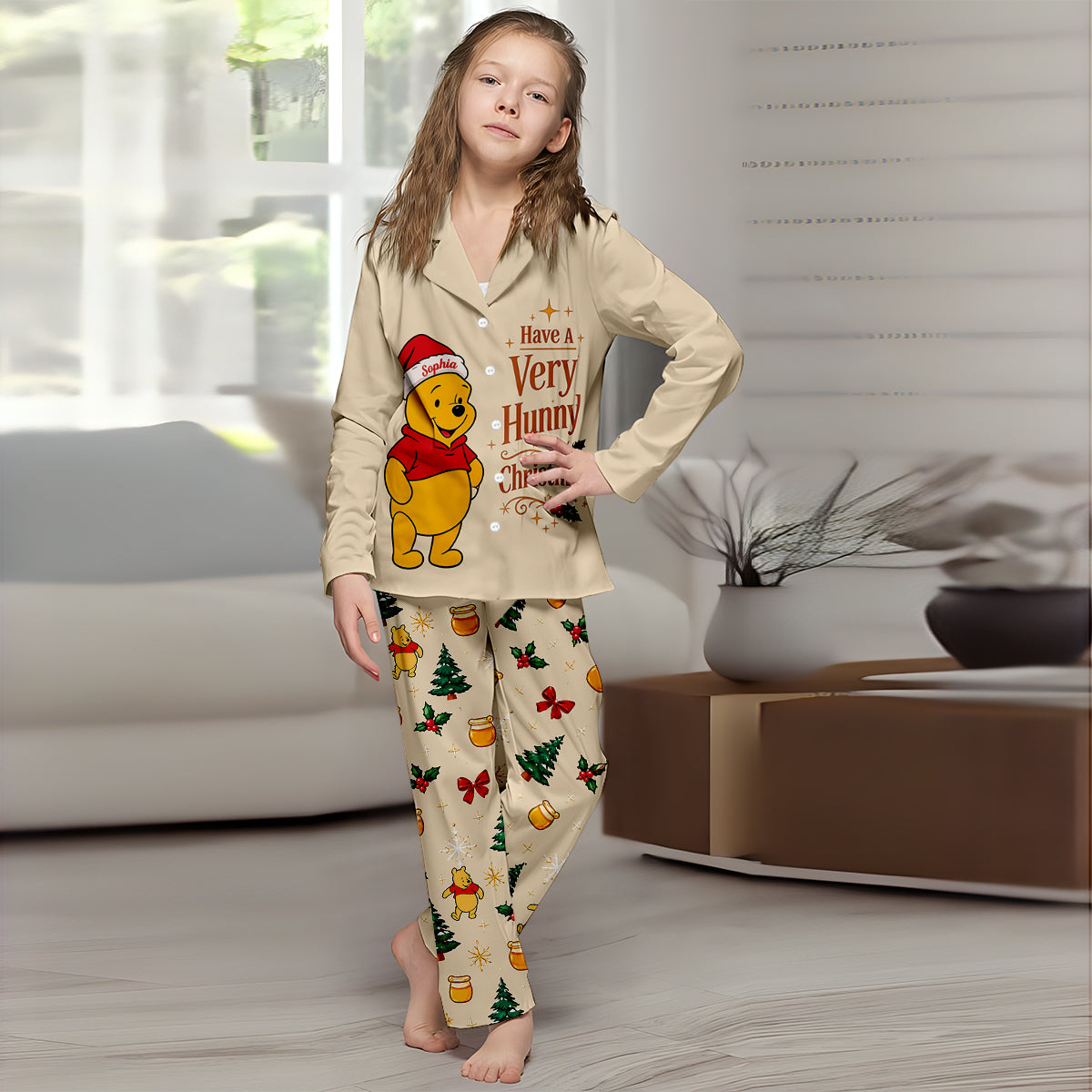 Have A Very Hunny Christmas - Personalized Yellow Bear Button Down Pajamas