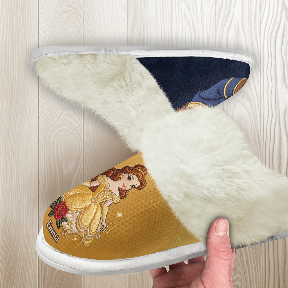 Fairy Tale Romantic - Personalized Beauty And The Beast Slippers With Fur Lining
