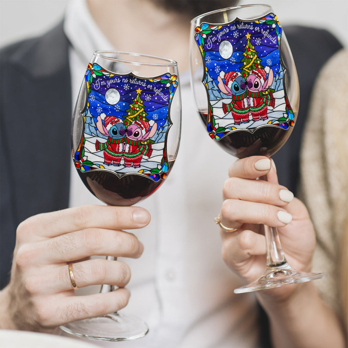 Playful Holiday Alien Love - Personalized Ohana Wine Glass With Long Stem