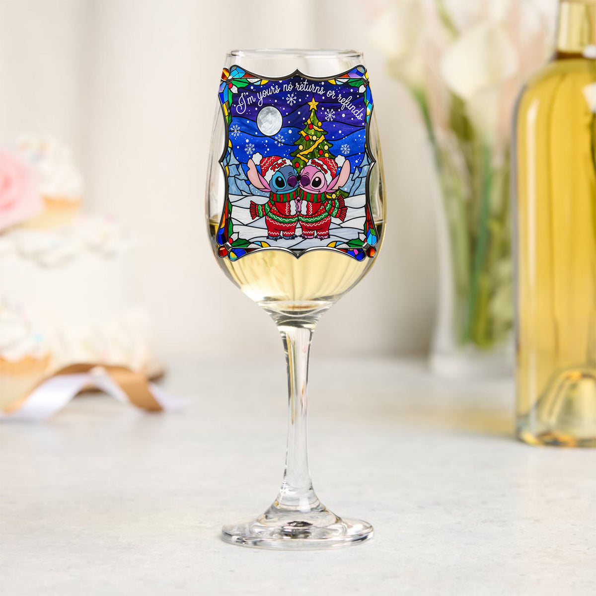 Playful Holiday Alien Love - Personalized Ohana Wine Glass With Long Stem